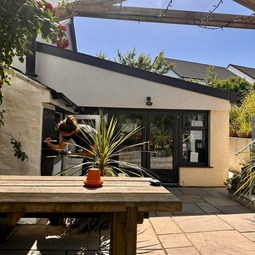 Picnic table in the sunny courtyard